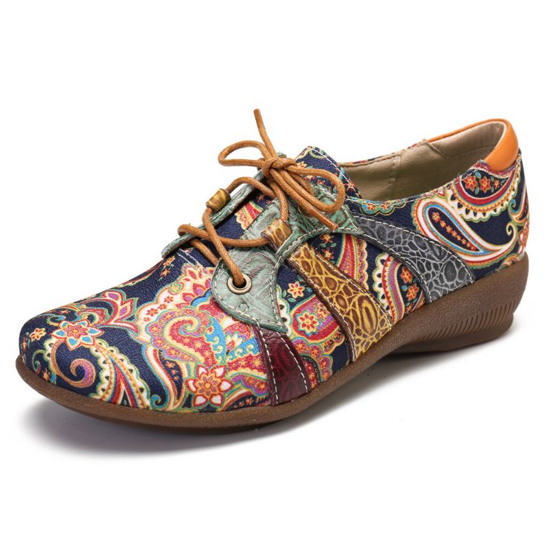 Socofy Paisley Retor Floral Splicing Folkways Style Chaussures Plates À Lacets À Bout Rond