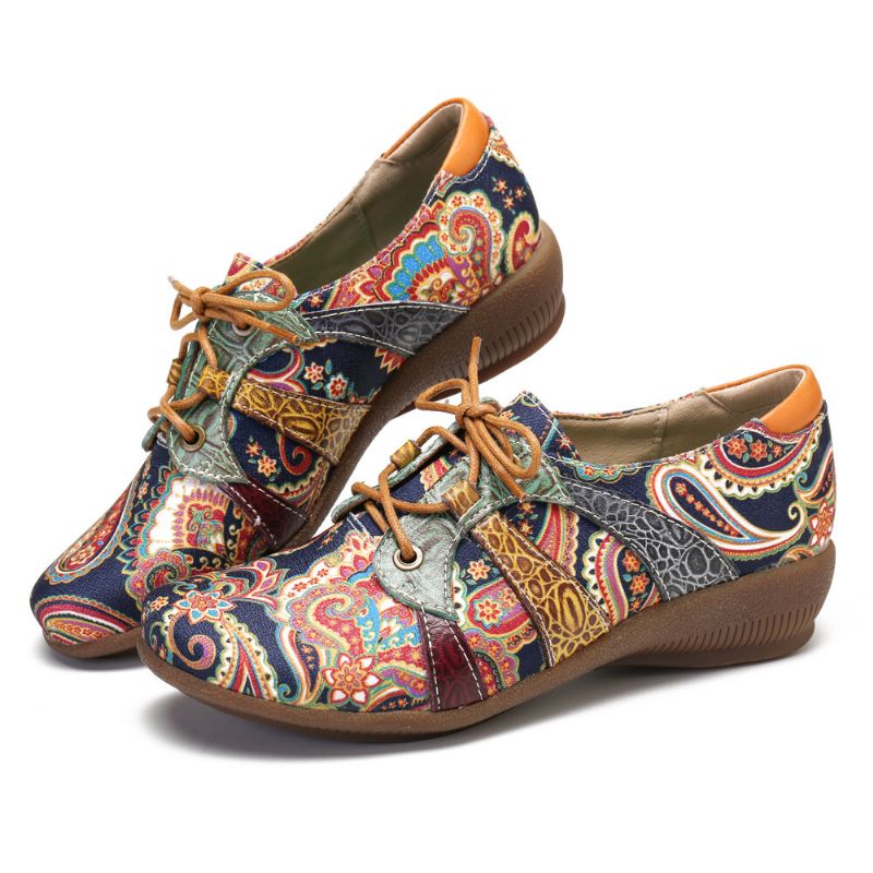 Socofy Paisley Retor Floral Splicing Folkways Style Chaussures Plates À Lacets À Bout Rond