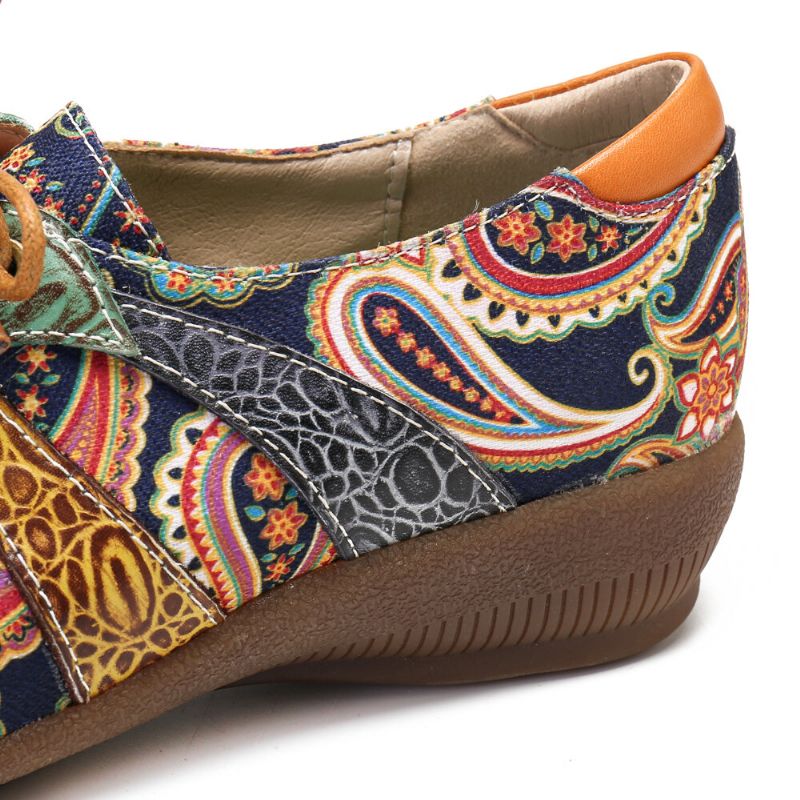 Socofy Paisley Retor Floral Splicing Folkways Style Chaussures Plates À Lacets À Bout Rond