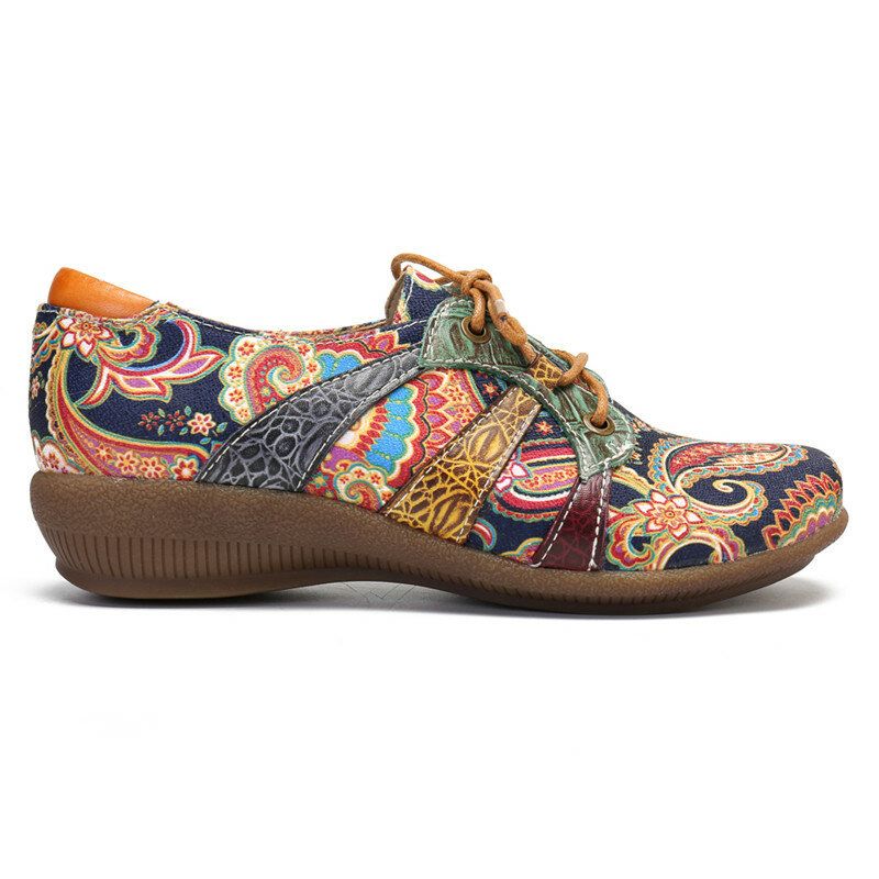 Socofy Paisley Retor Floral Splicing Folkways Style Chaussures Plates À Lacets À Bout Rond