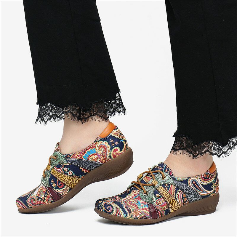 Socofy Paisley Retor Floral Splicing Folkways Style Chaussures Plates À Lacets À Bout Rond