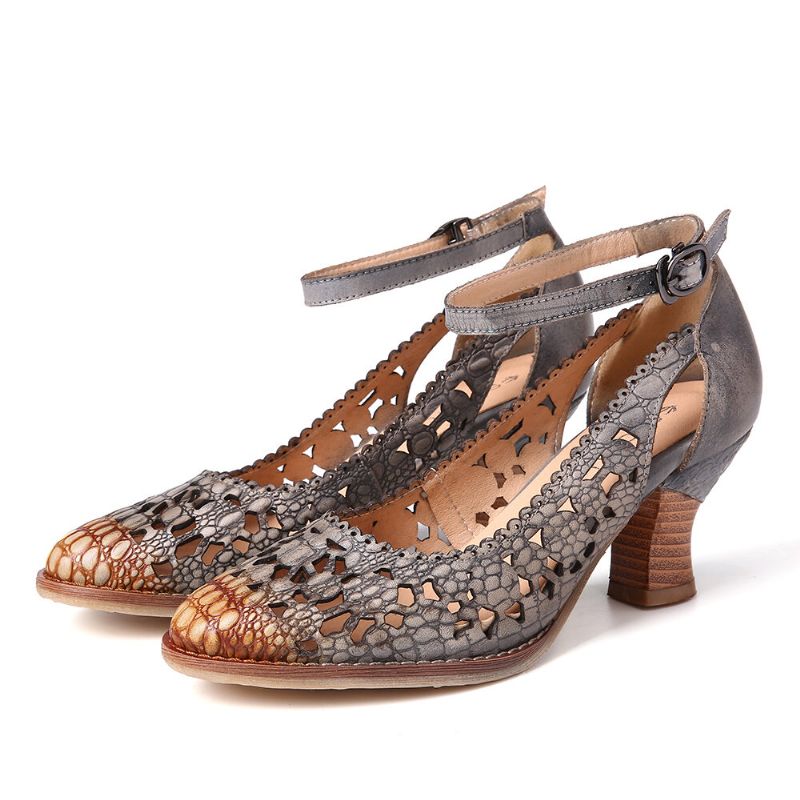 Socofy Retro Ajustable Buckle Strap Hollow Pattern Embossed Pointed Leather Eleagant Pumps