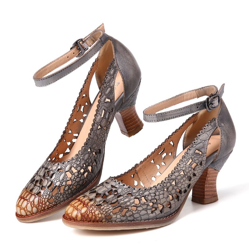 Socofy Retro Ajustable Buckle Strap Hollow Pattern Embossed Pointed Leather Eleagant Pumps