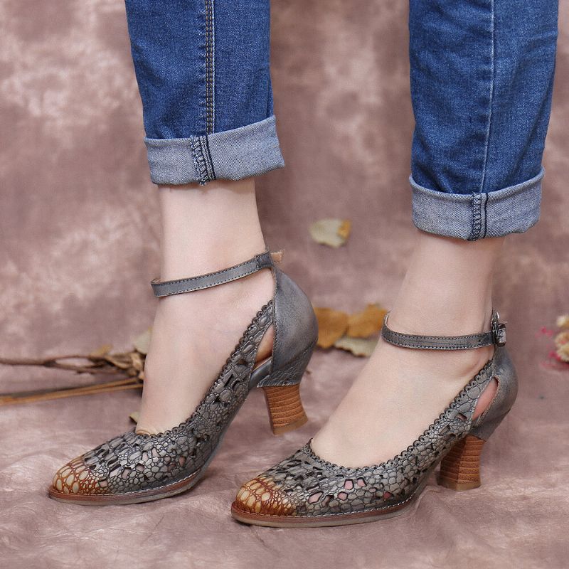 Socofy Retro Ajustable Buckle Strap Hollow Pattern Embossed Pointed Leather Eleagant Pumps