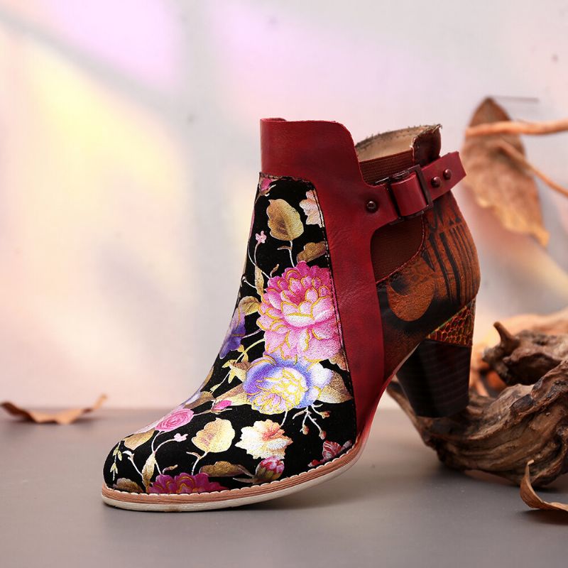 Socofy Retro Bloomed Flower Combine Avec Des Bottes À Talons Hauts Uniques Et Élégantes De Style Moderne