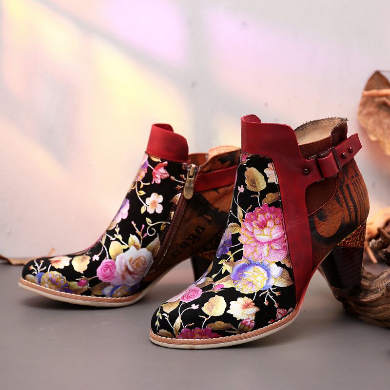 Socofy Retro Bloomed Flower Combine Avec Des Bottes À Talons Hauts Uniques Et Élégantes De Style Moderne