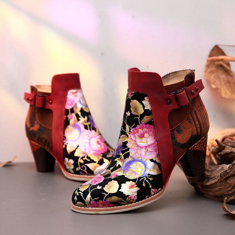 Socofy Retro Bloomed Flower Combine Avec Des Bottes À Talons Hauts Uniques Et Élégantes De Style Moderne