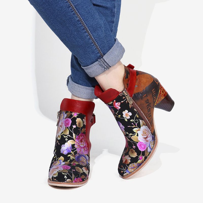 Socofy Retro Bloomed Flower Combine Avec Des Bottes À Talons Hauts Uniques Et Élégantes De Style Moderne