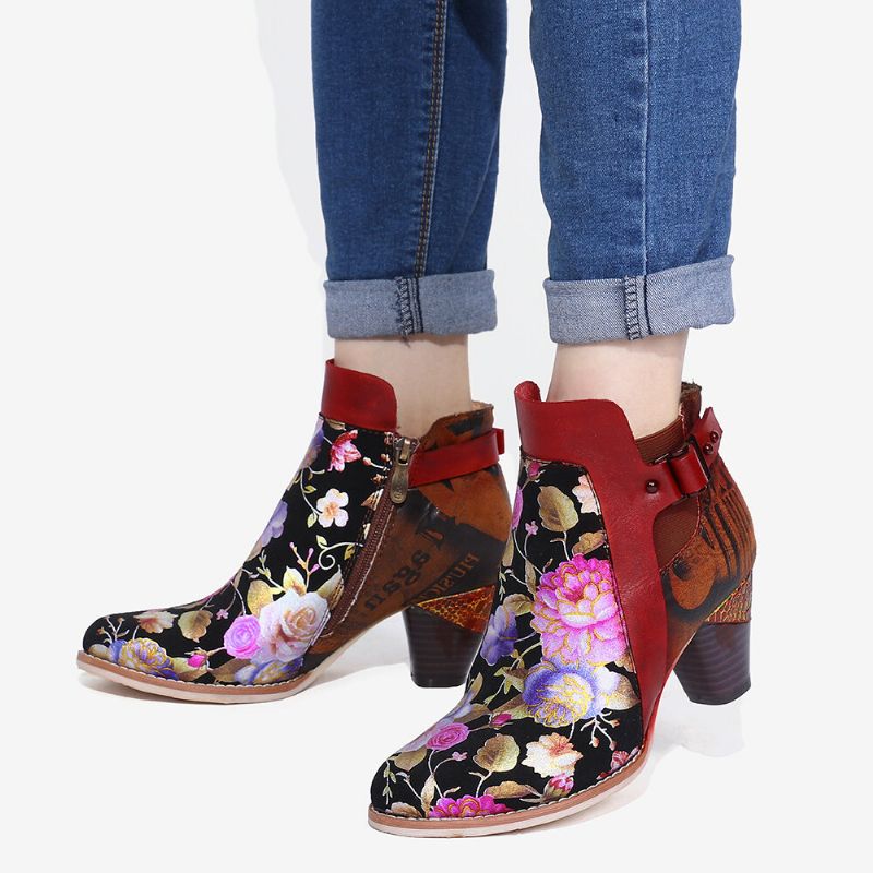 Socofy Retro Bloomed Flower Combine Avec Des Bottes À Talons Hauts Uniques Et Élégantes De Style Moderne