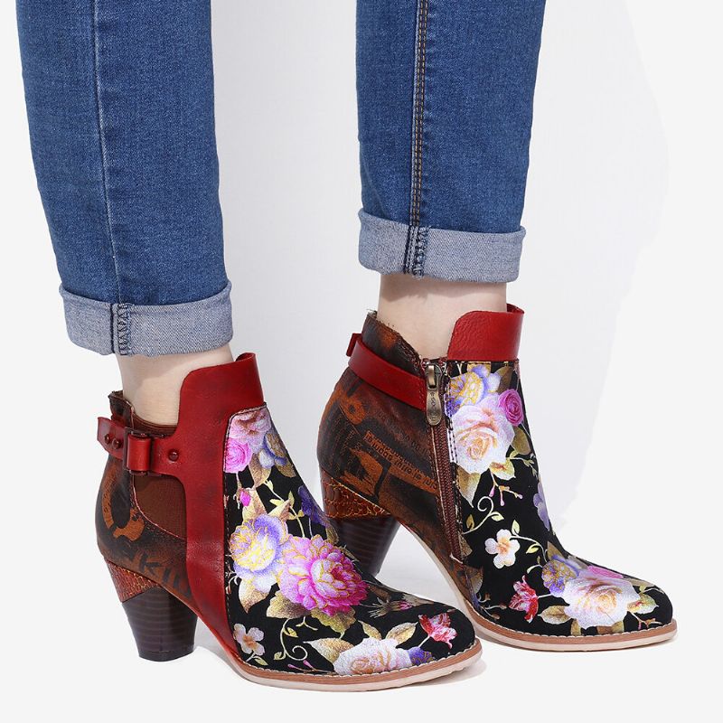 Socofy Retro Bloomed Flower Combine Avec Des Bottes À Talons Hauts Uniques Et Élégantes De Style Moderne