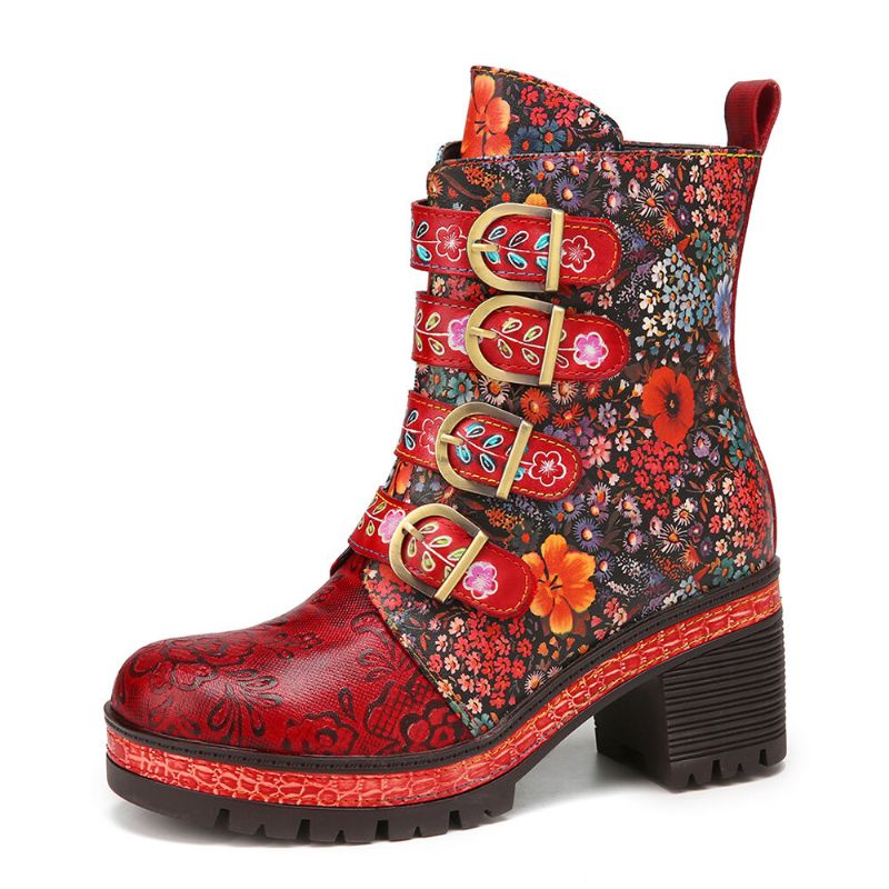 Socofy Rétro En Cuir Véritable Motif Floral Boucle En Métal Crochet Look Doublure Chaude Plate-forme Talon Épais Bottes Courtes