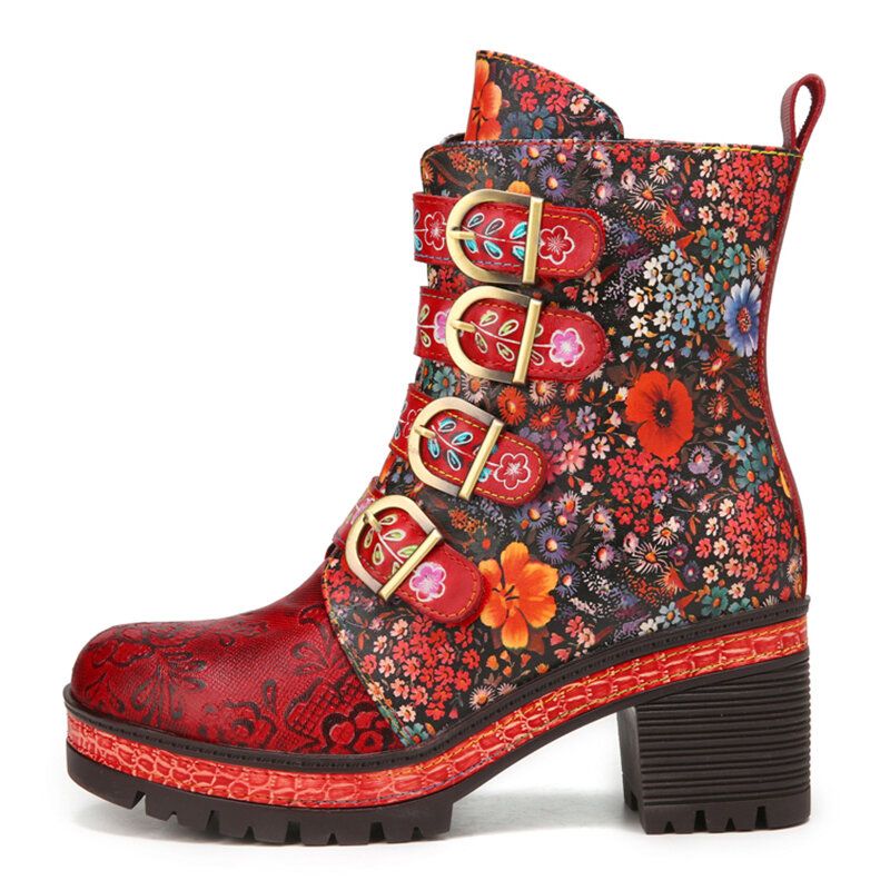 Socofy Rétro En Cuir Véritable Motif Floral Boucle En Métal Crochet Look Doublure Chaude Plate-forme Talon Épais Bottes Courtes