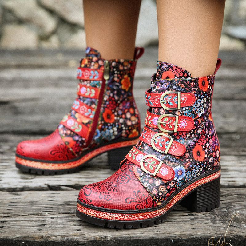 Socofy Rétro En Cuir Véritable Motif Floral Boucle En Métal Crochet Look Doublure Chaude Plate-forme Talon Épais Bottes Courtes