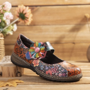 Socofy Retro Embossed Flower Splicing Floral Chaussures Plates En Cuir Véritable