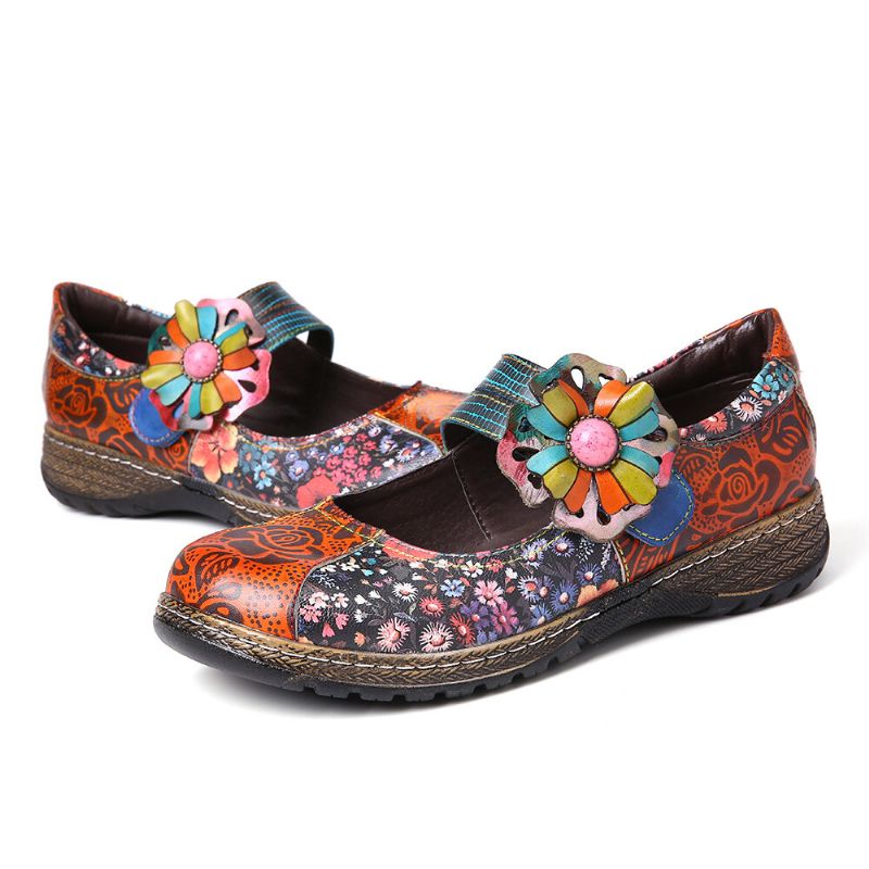 Socofy Retro Embossed Flower Splicing Floral Chaussures Plates En Cuir Véritable