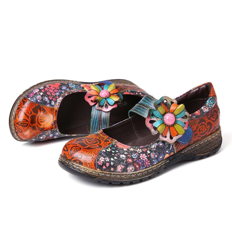 Socofy Retro Embossed Flower Splicing Floral Chaussures Plates En Cuir Véritable