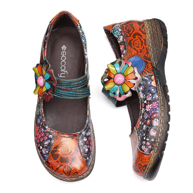 Socofy Retro Embossed Flower Splicing Floral Chaussures Plates En Cuir Véritable