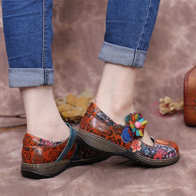 Socofy Retro Embossed Flower Splicing Floral Chaussures Plates En Cuir Véritable