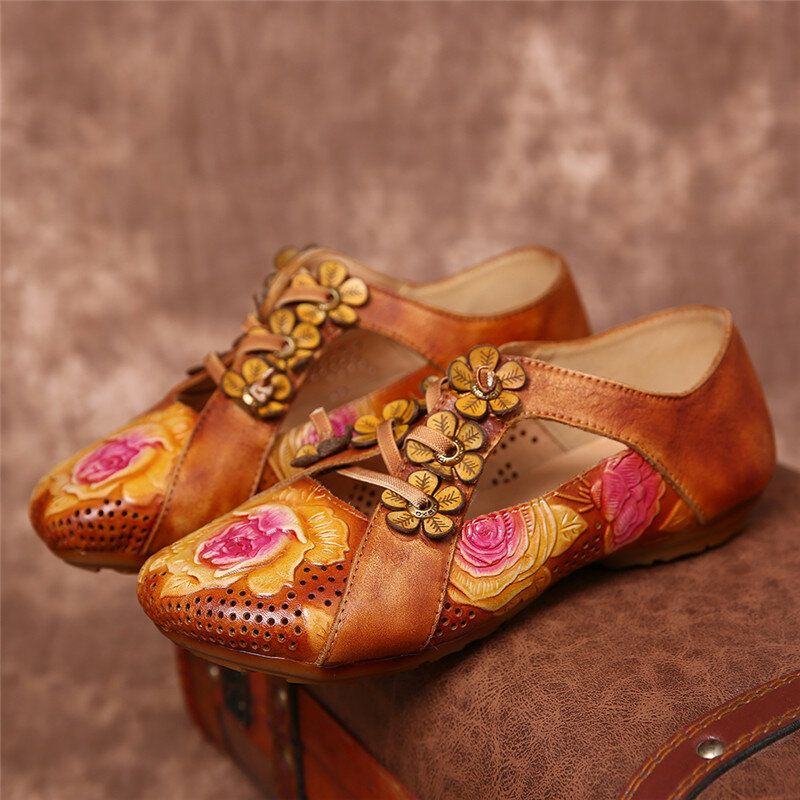 Socofy Retro Embossed Flower Splicing Floral Hollow Lace Up Slip On Flat Shoes