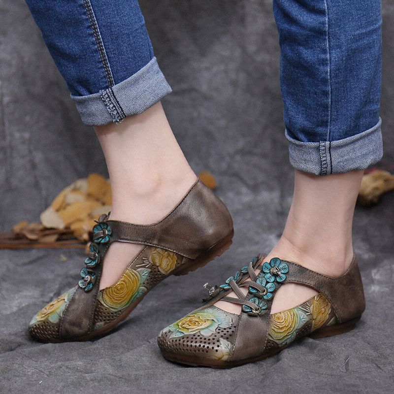 Socofy Retro Embossed Flower Splicing Floral Hollow Lace Up Slip On Flat Shoes