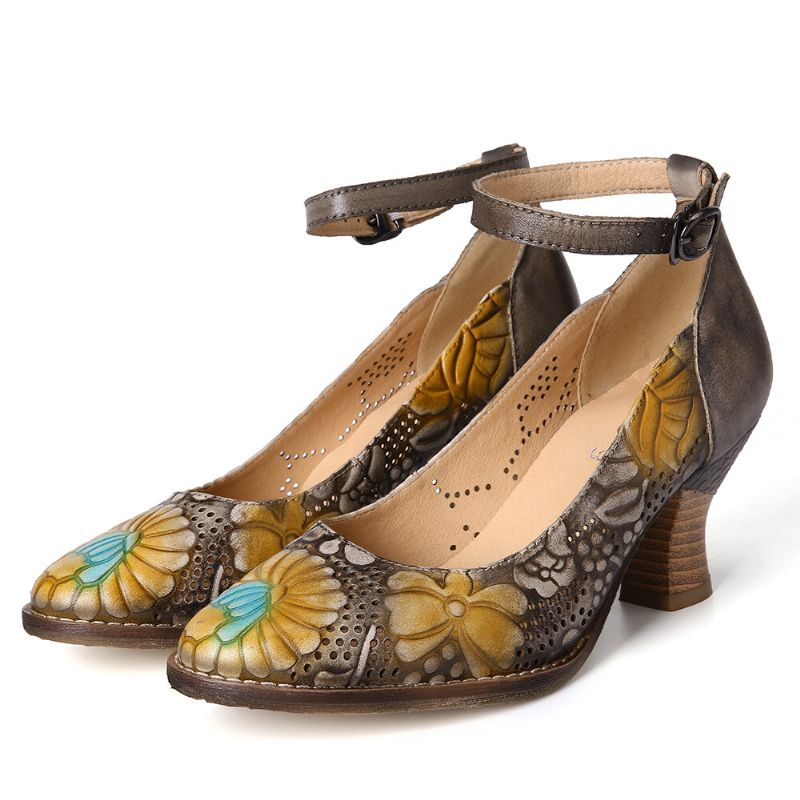 Socofy Retro Embossed Graceful Large Flowers Strap Boucle Réglable Escarpins À Talons Hauts