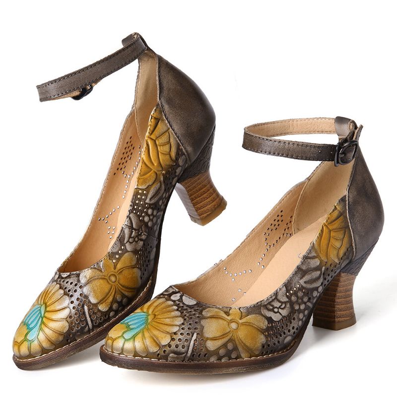 Socofy Retro Embossed Graceful Large Flowers Strap Boucle Réglable Escarpins À Talons Hauts