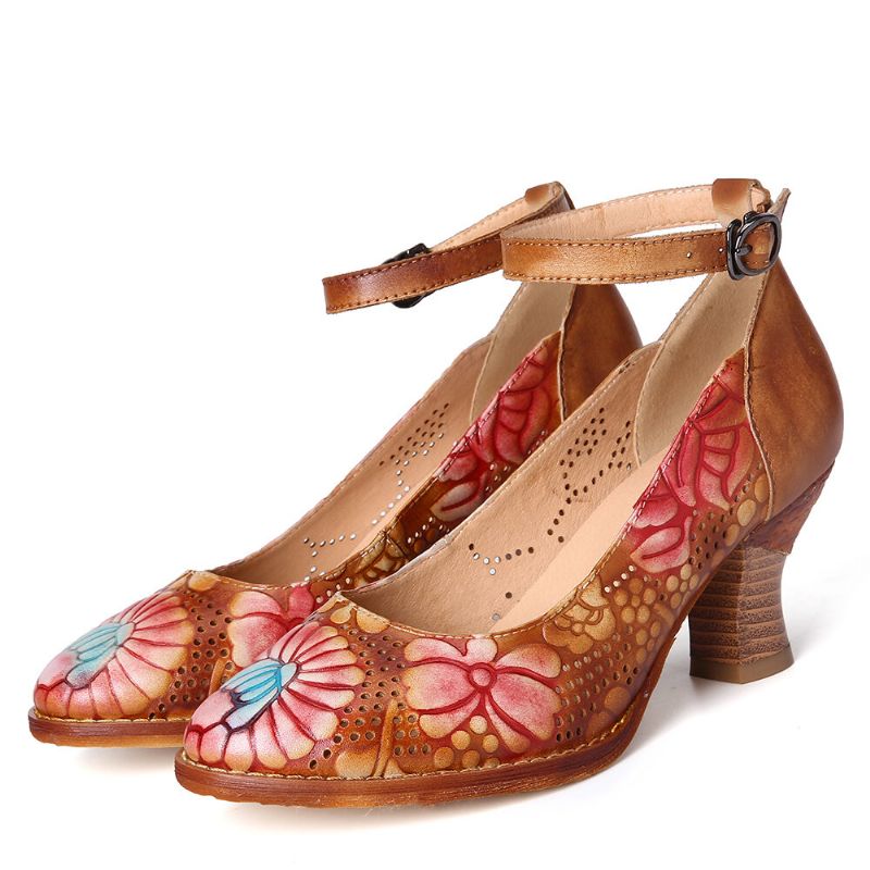 Socofy Retro Embossed Graceful Large Flowers Strap Boucle Réglable Escarpins À Talons Hauts