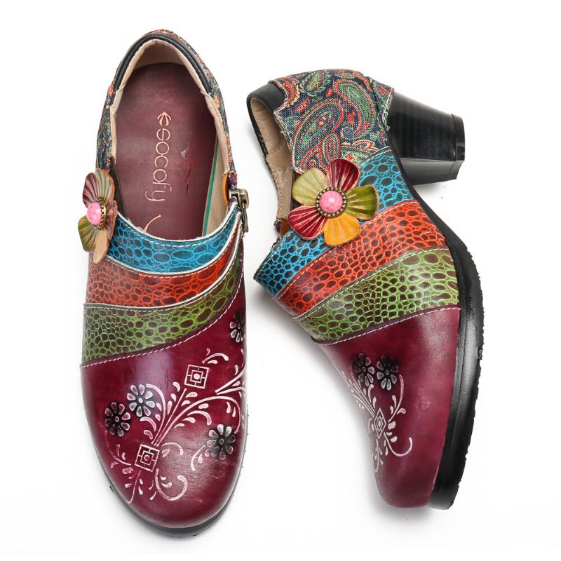 Socofy Retro Embossed Pattern Splicing Florals Slip On Zipper Pumps