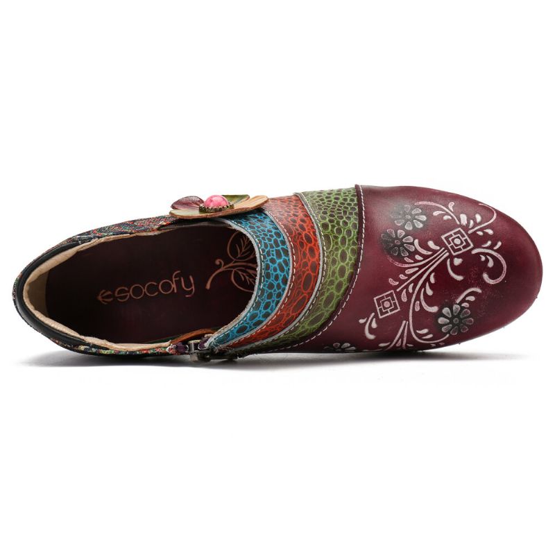 Socofy Retro Embossed Pattern Splicing Florals Slip On Zipper Pumps