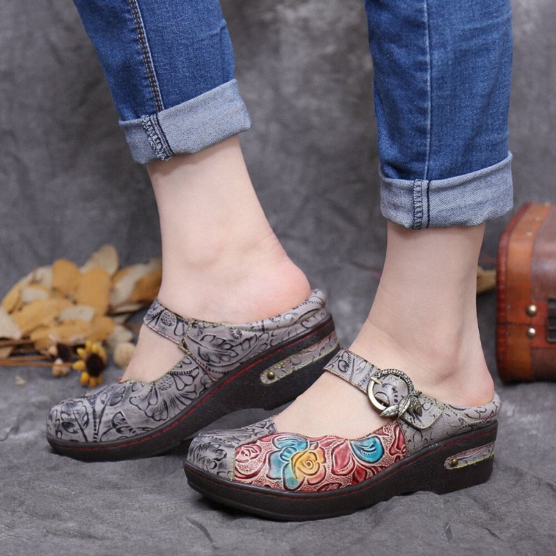 Socofy Retro Embossed Rose Metal Leaves Buckle Strap Chaussures En Cuir Véritable