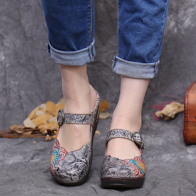 Socofy Retro Embossed Rose Metal Leaves Buckle Strap Chaussures En Cuir Véritable