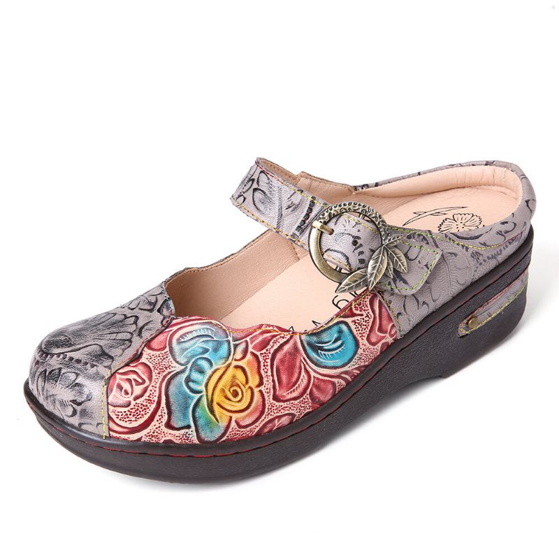 Socofy Retro Embossed Rose Metal Leaves Buckle Strap Chaussures En Cuir Véritable