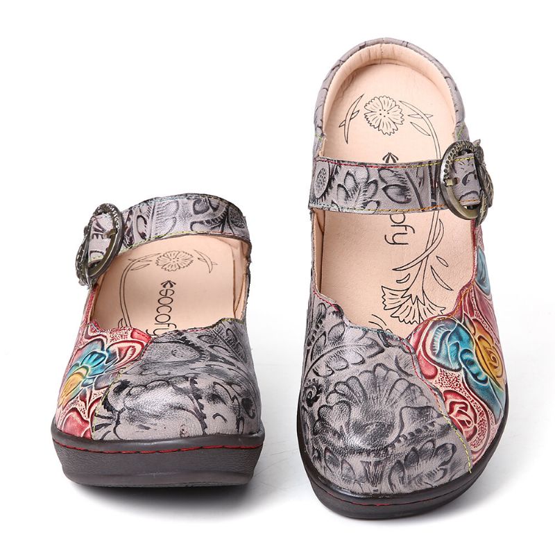 Socofy Retro Embossed Rose Metal Leaves Buckle Strap Chaussures En Cuir Véritable