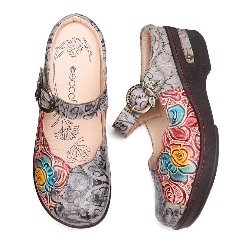 Socofy Retro Embossed Rose Metal Leaves Buckle Strap Chaussures En Cuir Véritable