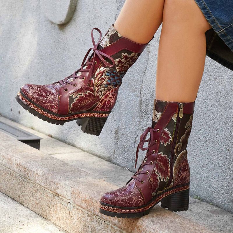 Socofy Retro Ethnic Floral Brodé En Cuir Véritable Side-zip Comfy Chunky Heel Mid Calf Boots