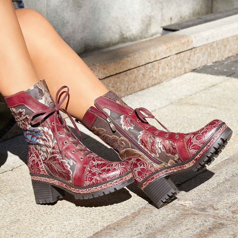 Socofy Retro Ethnic Floral Brodé En Cuir Véritable Side-zip Comfy Chunky Heel Mid Calf Boots