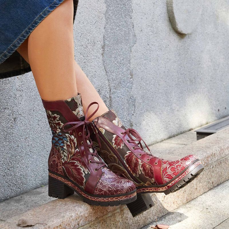 Socofy Retro Ethnic Floral Brodé En Cuir Véritable Side-zip Comfy Chunky Heel Mid Calf Boots