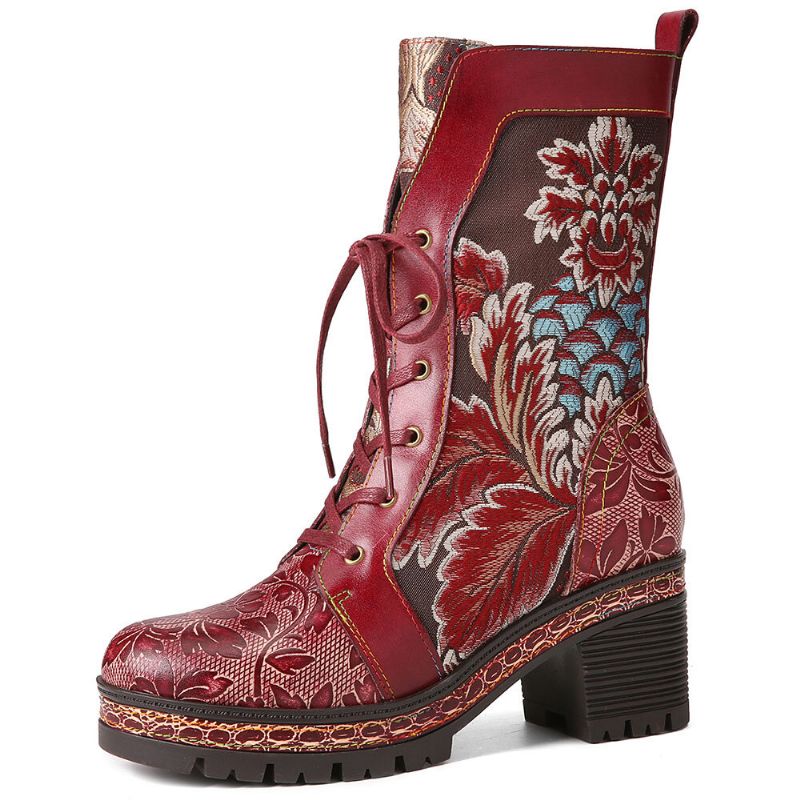 Socofy Retro Ethnic Floral Brodé En Cuir Véritable Side-zip Comfy Chunky Heel Mid Calf Boots