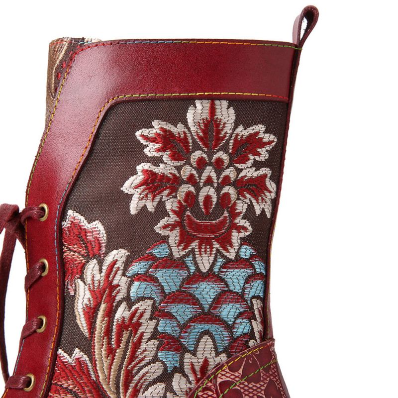 Socofy Retro Ethnic Floral Brodé En Cuir Véritable Side-zip Comfy Chunky Heel Mid Calf Boots