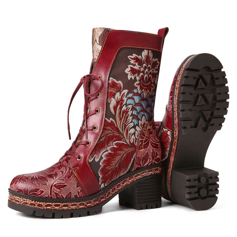 Socofy Retro Ethnic Floral Brodé En Cuir Véritable Side-zip Comfy Chunky Heel Mid Calf Boots