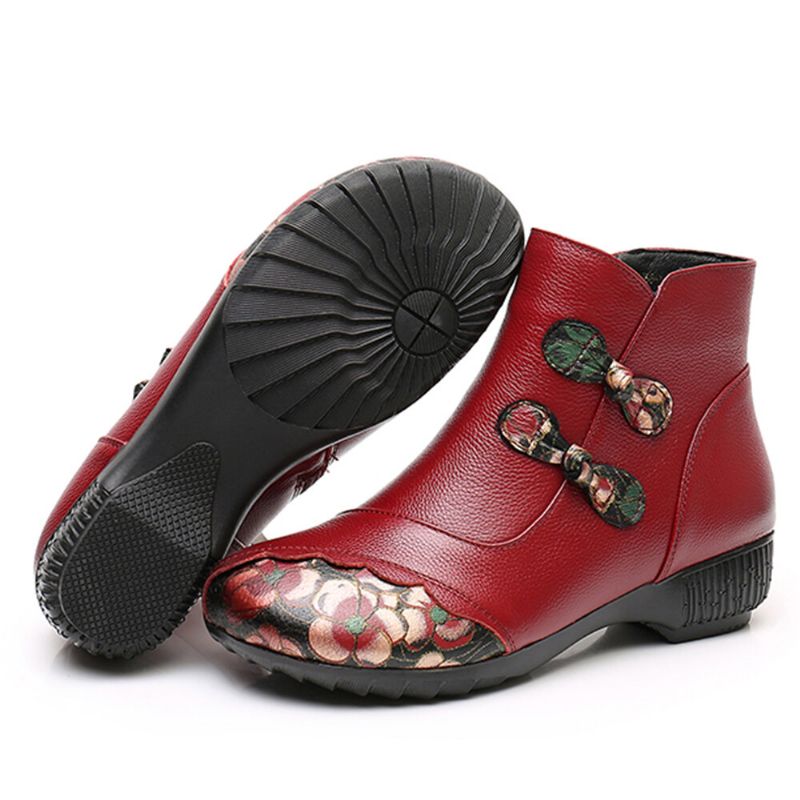 Socofy Rétro Ethnique Coutures Imprimées En Cuir De Vachette Chaud Confortable Portable Fermeture Éclair Latérale Bottes Courtes