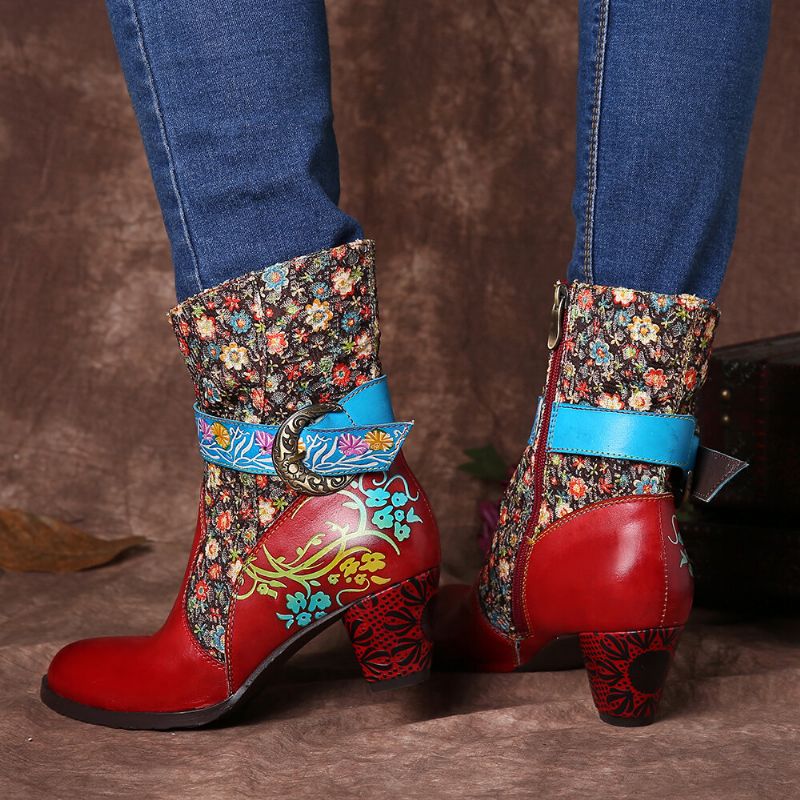 Socofy Rétro Fleur Motif Couture Cuir Véritable Boucle En Métal Fermeture Éclair Talon Haut Bottes Mi-mollet