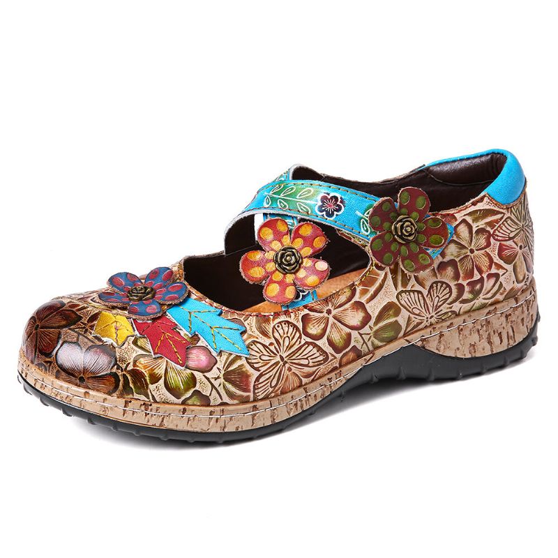 Socofy Rétro Floral En Cuir Véritable Épissage Croix Sangle Fleurs Crochet Boucle Chaussures Plates