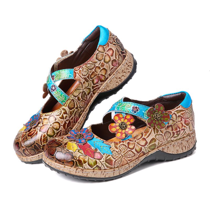 Socofy Rétro Floral En Cuir Véritable Épissage Croix Sangle Fleurs Crochet Boucle Chaussures Plates