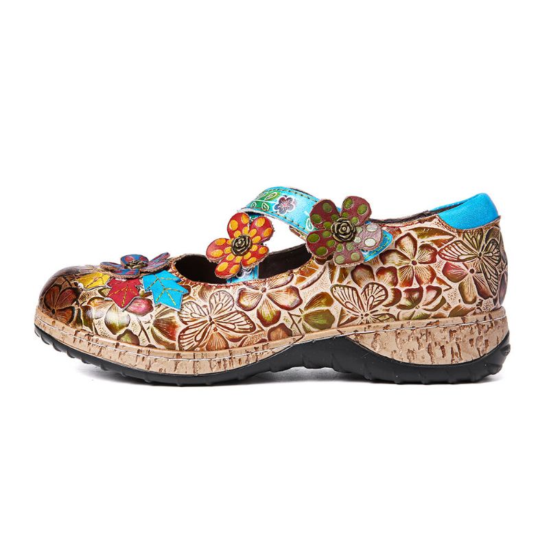 Socofy Rétro Floral En Cuir Véritable Épissage Croix Sangle Fleurs Crochet Boucle Chaussures Plates