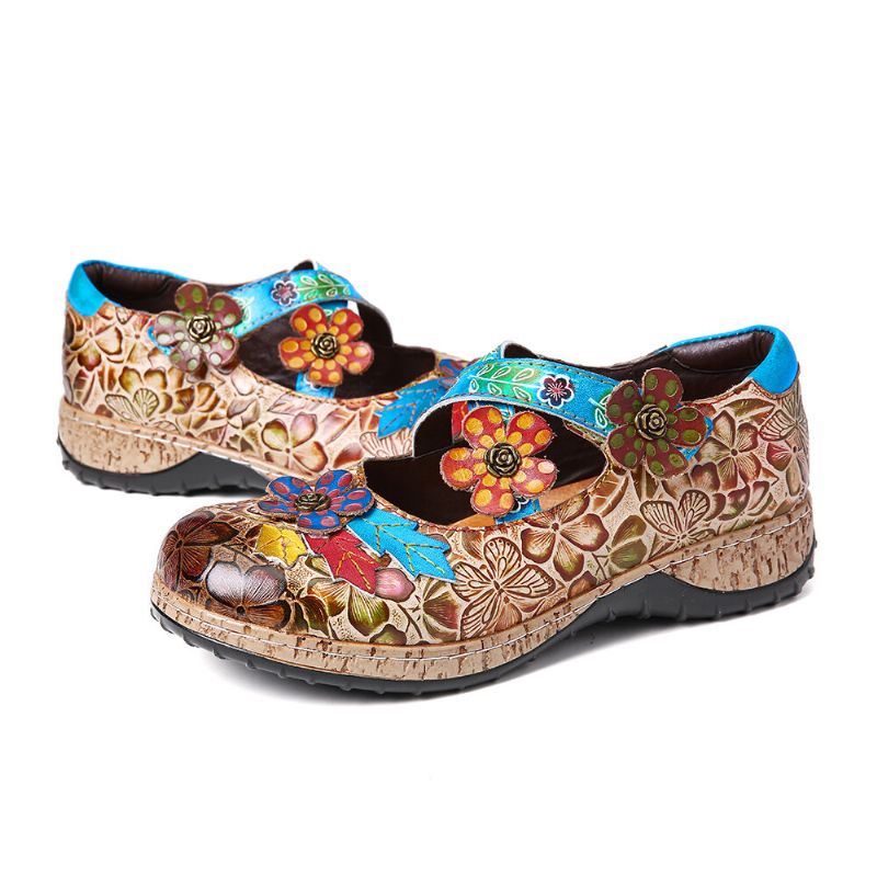 Socofy Rétro Floral En Cuir Véritable Épissage Croix Sangle Fleurs Crochet Boucle Chaussures Plates