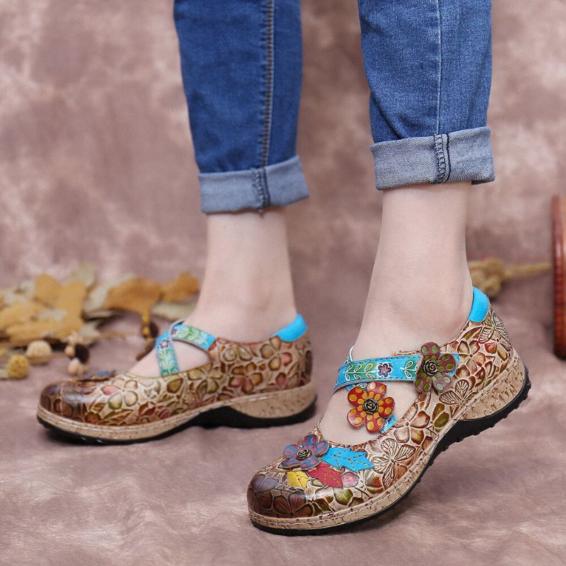 Socofy Rétro Floral En Cuir Véritable Épissage Croix Sangle Fleurs Crochet Boucle Chaussures Plates