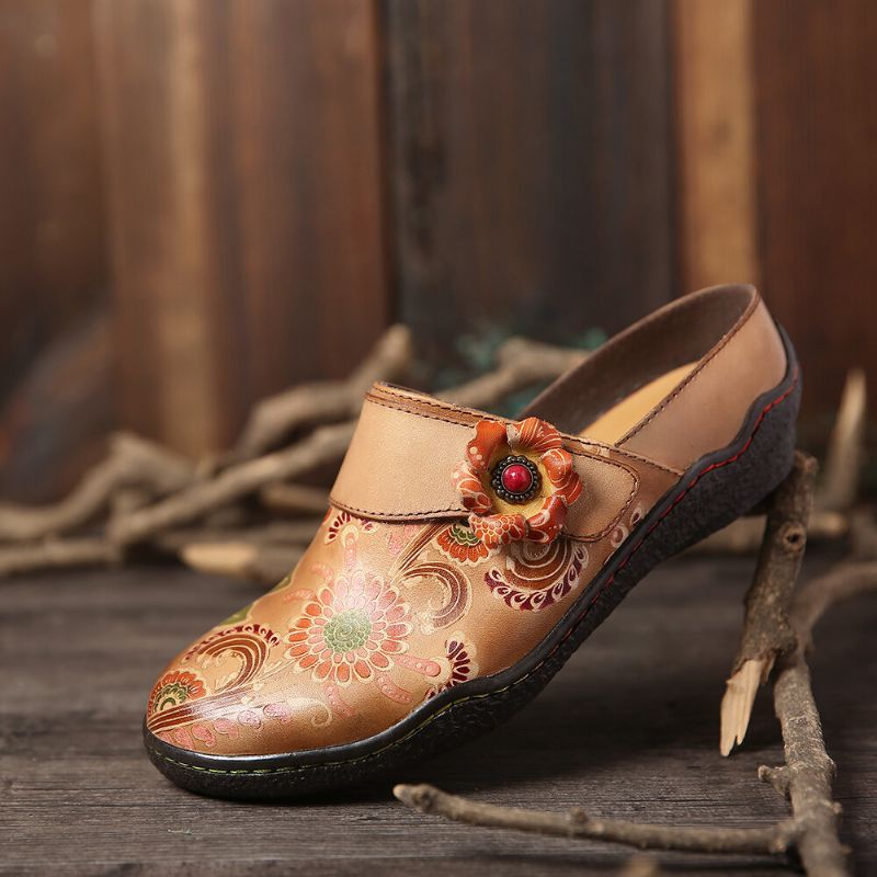 Socofy Retro Floral Embossed Pattern Cuir Véritable Super Confortable Chaussures À Enfiler