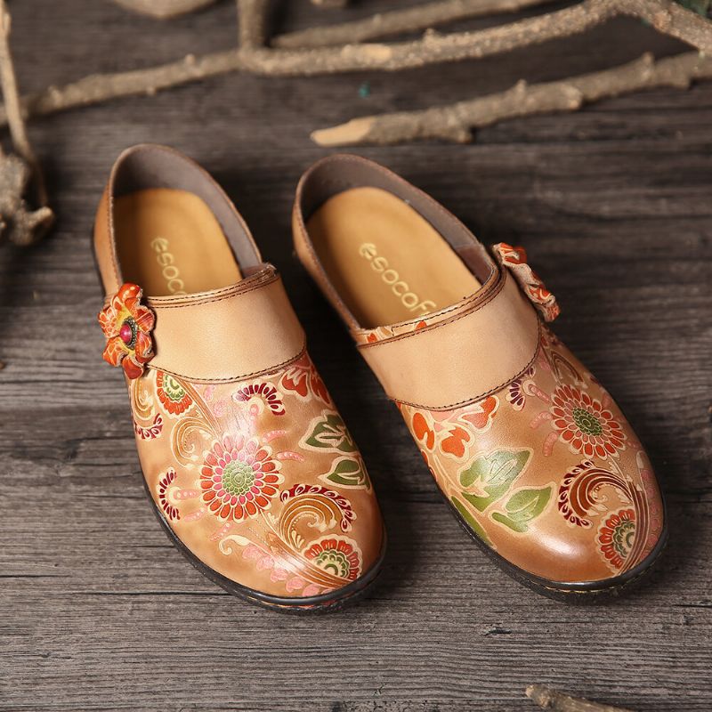 Socofy Retro Floral Embossed Pattern Cuir Véritable Super Confortable Chaussures À Enfiler