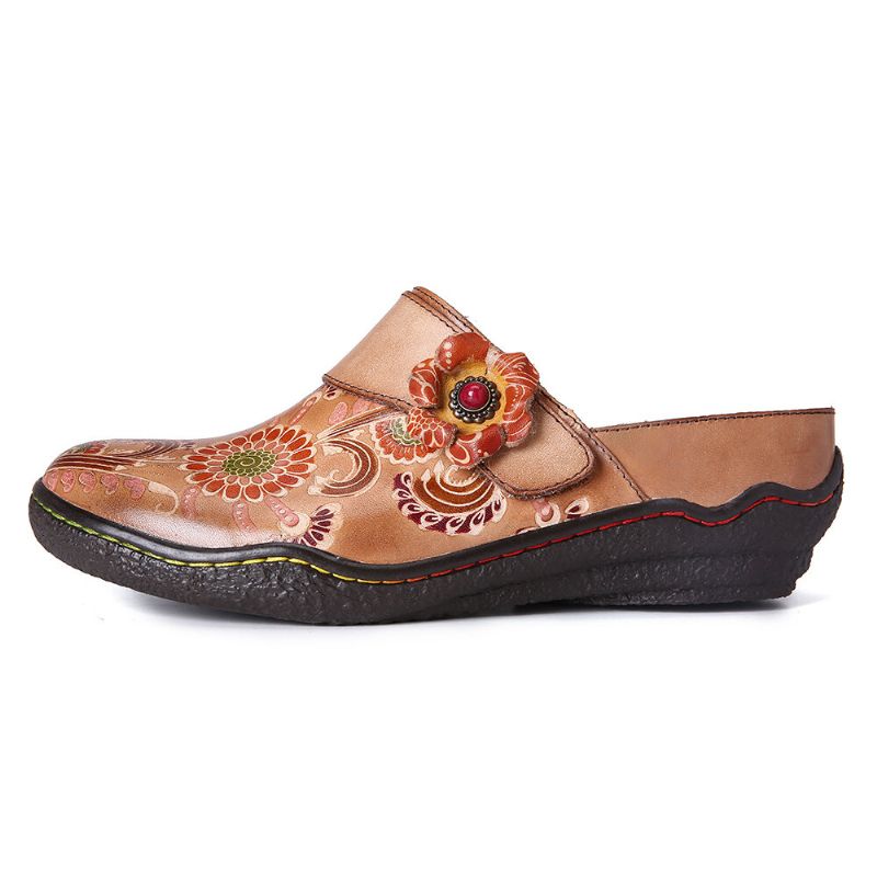 Socofy Retro Floral Embossed Pattern Cuir Véritable Super Confortable Chaussures À Enfiler